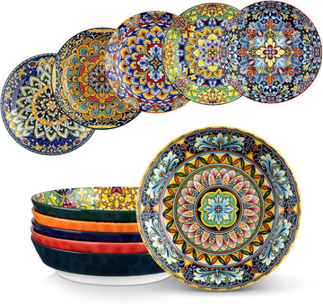 32 Oz Pasta Bowls Set of 6, Ceramic Bohemian Soup Salad Bowls | Dishwasher and Microwave Safe Ceramic, Large 11.5