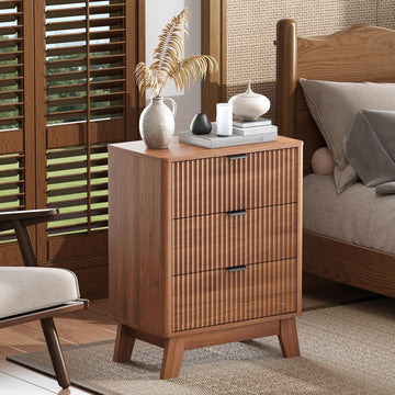 Walnut Nightstand with 3 Drawers, Mid Century Modern Wooden Bedroom Nightstand, Bedside Table & End Table with Metal