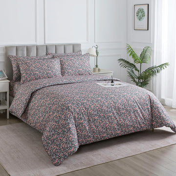 Dark Grey Vintage Floral Duvet Cover, 100% Cotton Percale Pink Flower Comforter Cover Set, Shabby Chic