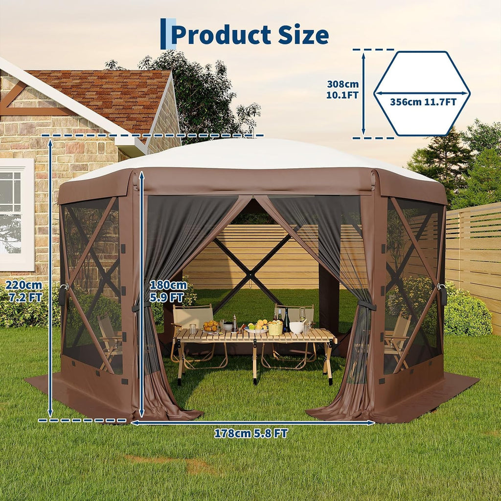 11.5x11.5FT 6-Sided Pop Up Gazebo Tent，One-Push Setup Canopy Tent with Mesh Panels & Removable Wind Cloths