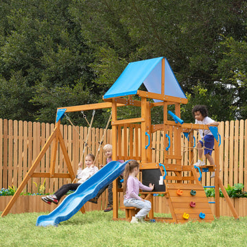 Playground Wooden Swing Sets for Backyard with Plank Bridge