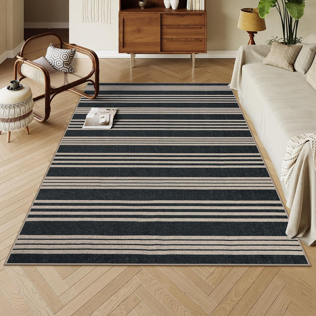 Striped Easy Jute Outdoor Patio Rug, 5x7 Area Rugs Washable Black