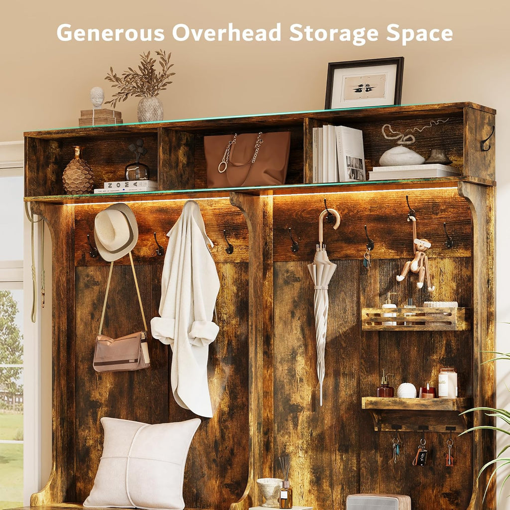70" Large Hall Tree with Bench and Adjustable Storage Shelves, 6-in-1 Farmhouse Entryway Bench w/Coat Rack, Top