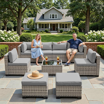 Outdoor PE Wicker Rattan Modular Patio Sectional Sofa Set | 9-Piece: 6 Modular Seats, Coffee Table & 2 Ottomans, Grey
