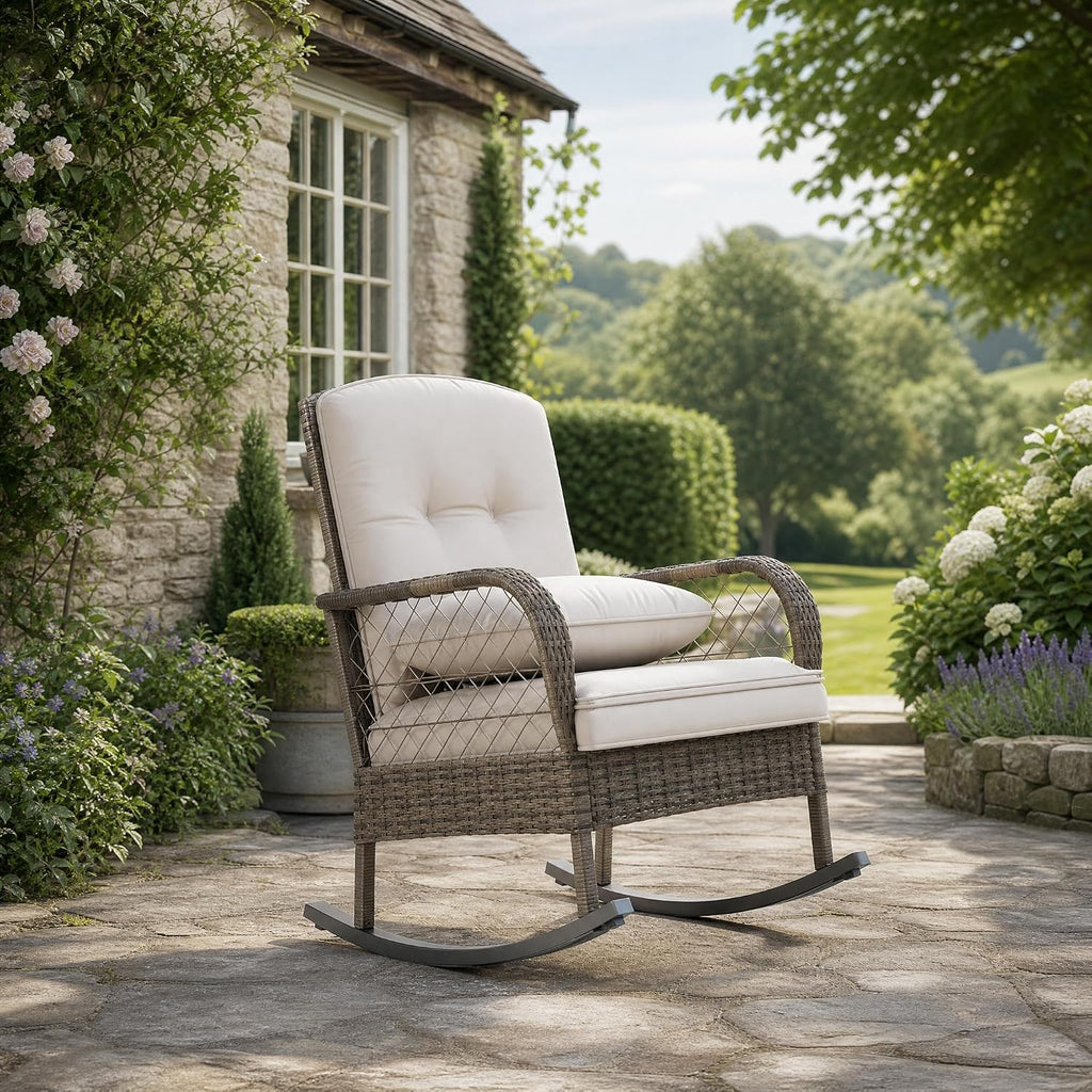 Outdoor Wicker Rocking Chair, Patio Rattan Rocker Chair with Cushions & Steel Frame, All-Weather Rocking Lawn Wicker