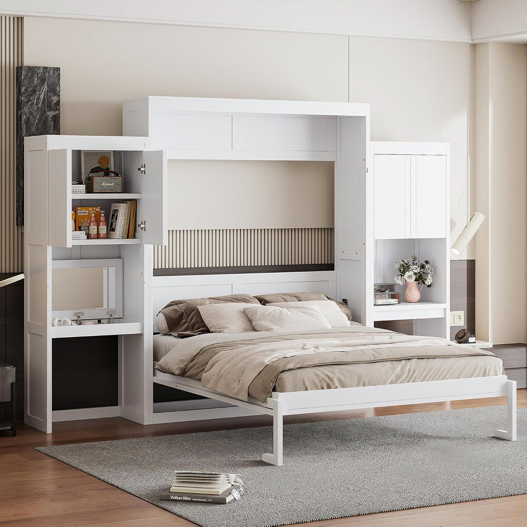 Queen Murphy Bed with Desk, Storage Cabinets, Vanity and Mirror