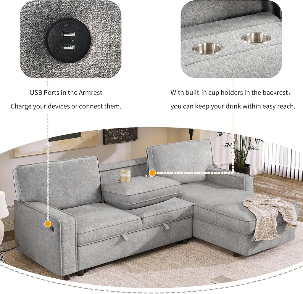89" Convertible L-Shaped Sleeper Sofa Bed with Storage Chaise, Gray