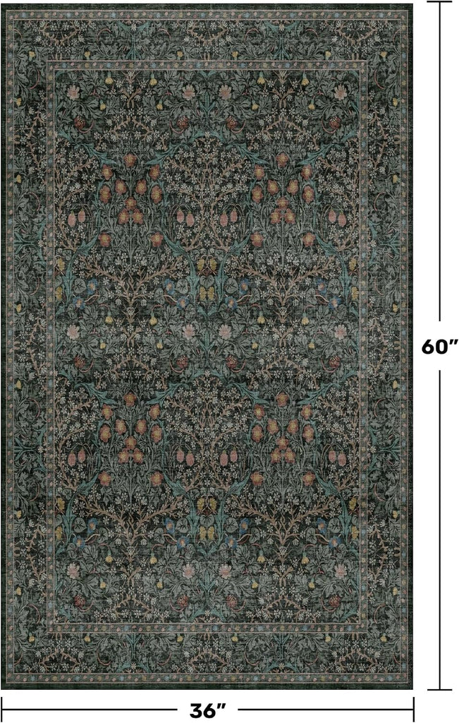 Vintage Floral Dark Green 3x5 Area Rugs Beside Rug, Laundry Room, Non-Slip Low Pile Ultra Soft Stain Resistant Small