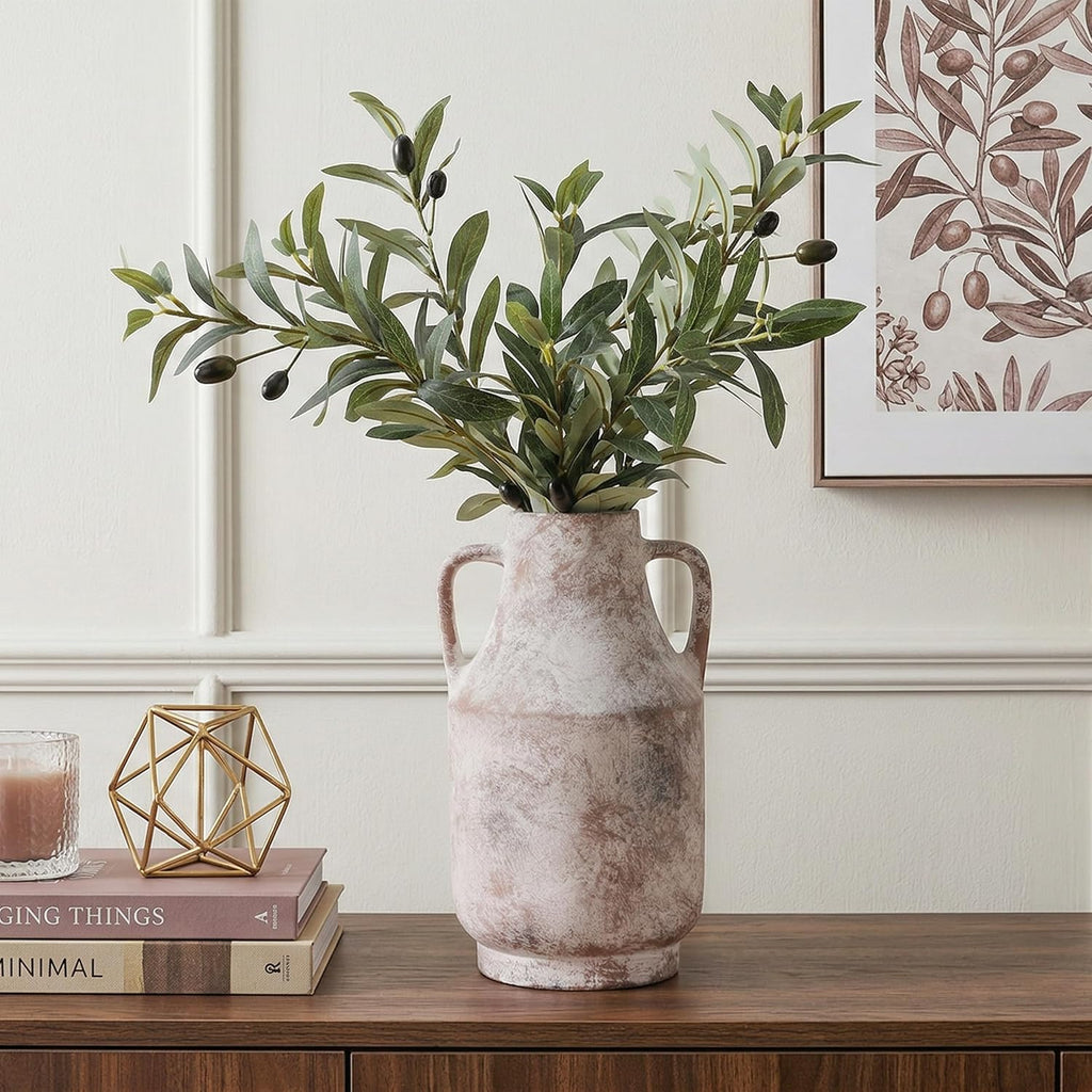 Ceramic Flower Vase with Handles, 11 Inch Tall Rustic Vase, Large Terracotta Pottery Vase