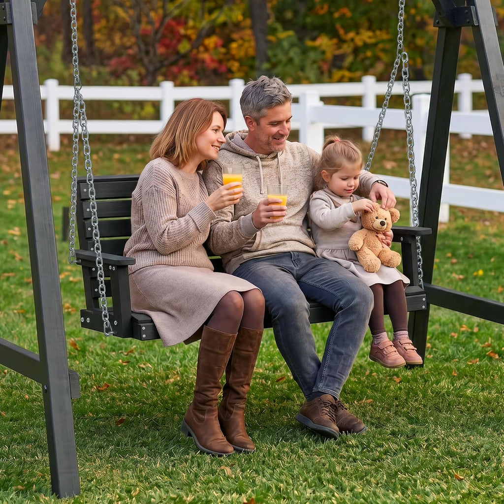 HDPE 2-Seat Outdoor Porch Swing, 660 LBS Hanging Swing Chair, Black | All-Weather & Fade Resistant, Adjustable