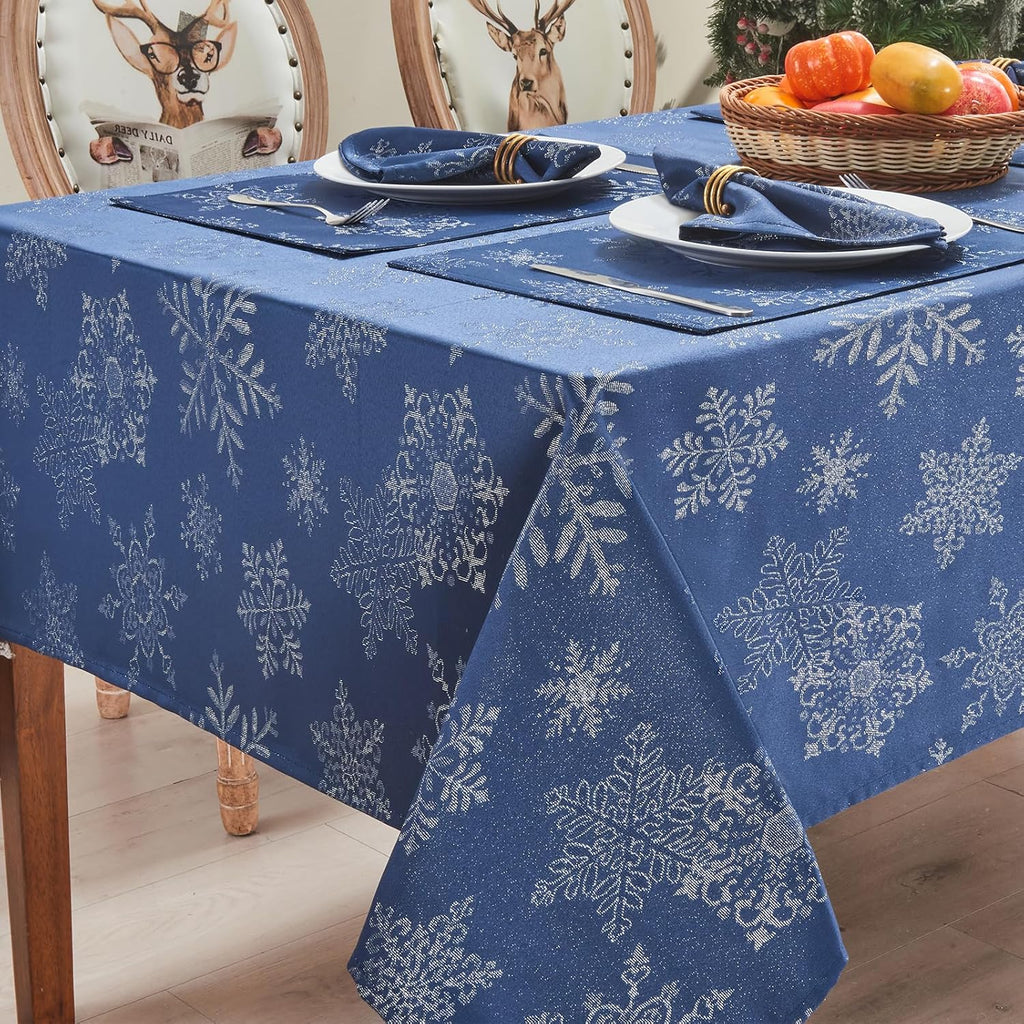 Rectangle Fancy Metallic Sparkling Snowflake Christmas Fabric Table Cloth red Hunter Gold Navy White