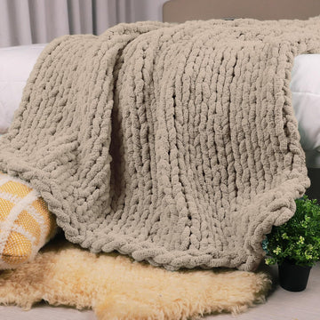 Chunky Knit Throw Blanket 50" X 60", 100% Hand Made Large Chenille Loop Yarn Soft Fluffy Throws, Big Crochet Cozy