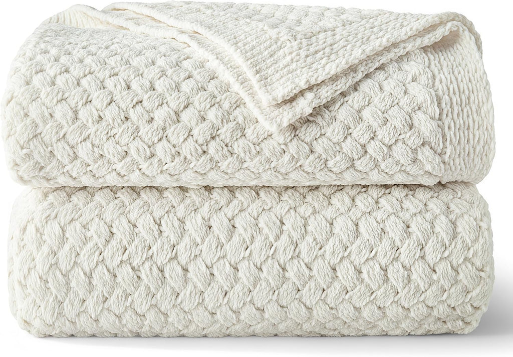 Chunky Chenille Knit Throw Blanket, Lightweight Breathable Summer Throws, Luxe Soft Fuzzy Cozy Basket Woven Stitch