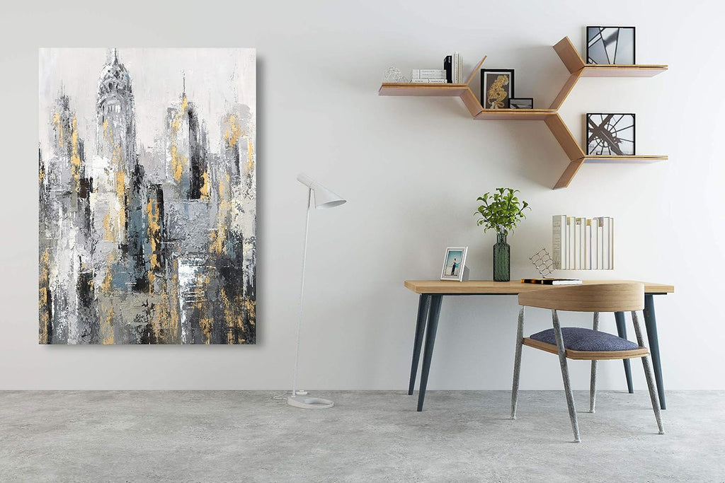 Modern Abstract Cityscape Canvas Wall Art Painting with Gold Foil Hand Painted Building Pictures Decoration