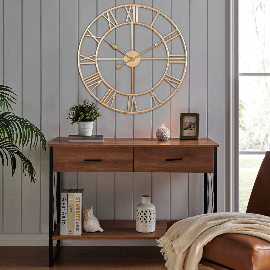 Silent 24 Inch Wall Clock Decor, Gold Roman Numeral