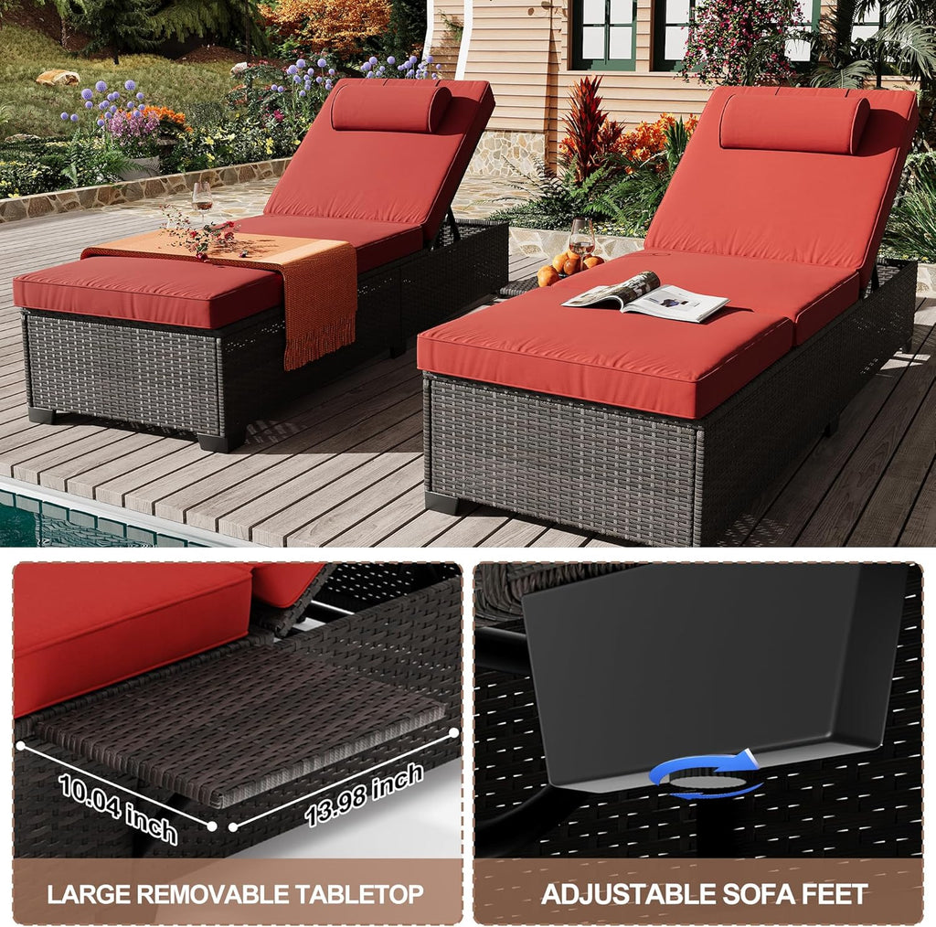 Outdoor PE Wicker Chaise Lounge Chairs, Set of 2, Brown Rattan, Modern Style, Adjustable Backrest
