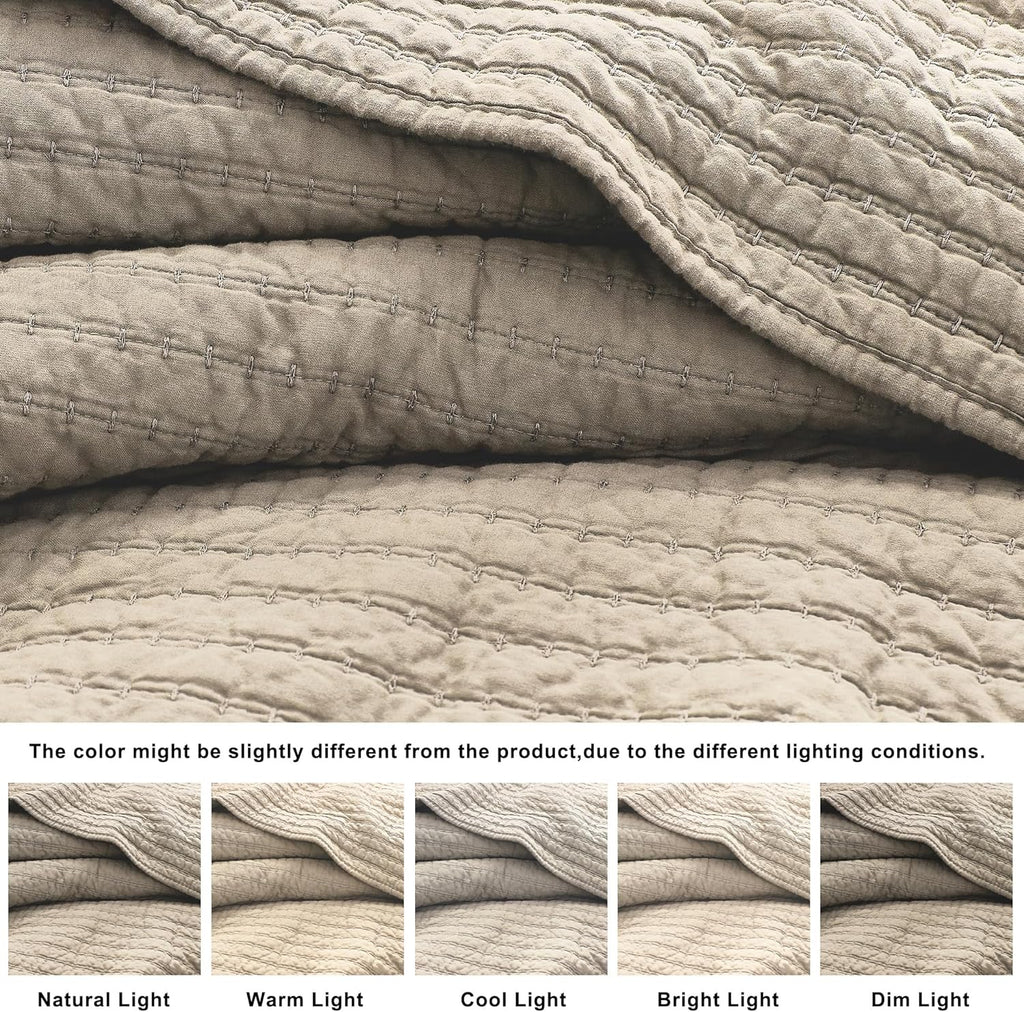 100% Cotton Quilt Set - Beige Neutral Striped Pick Stitch Soft Lightweight Bedspread, Textured Like Linen