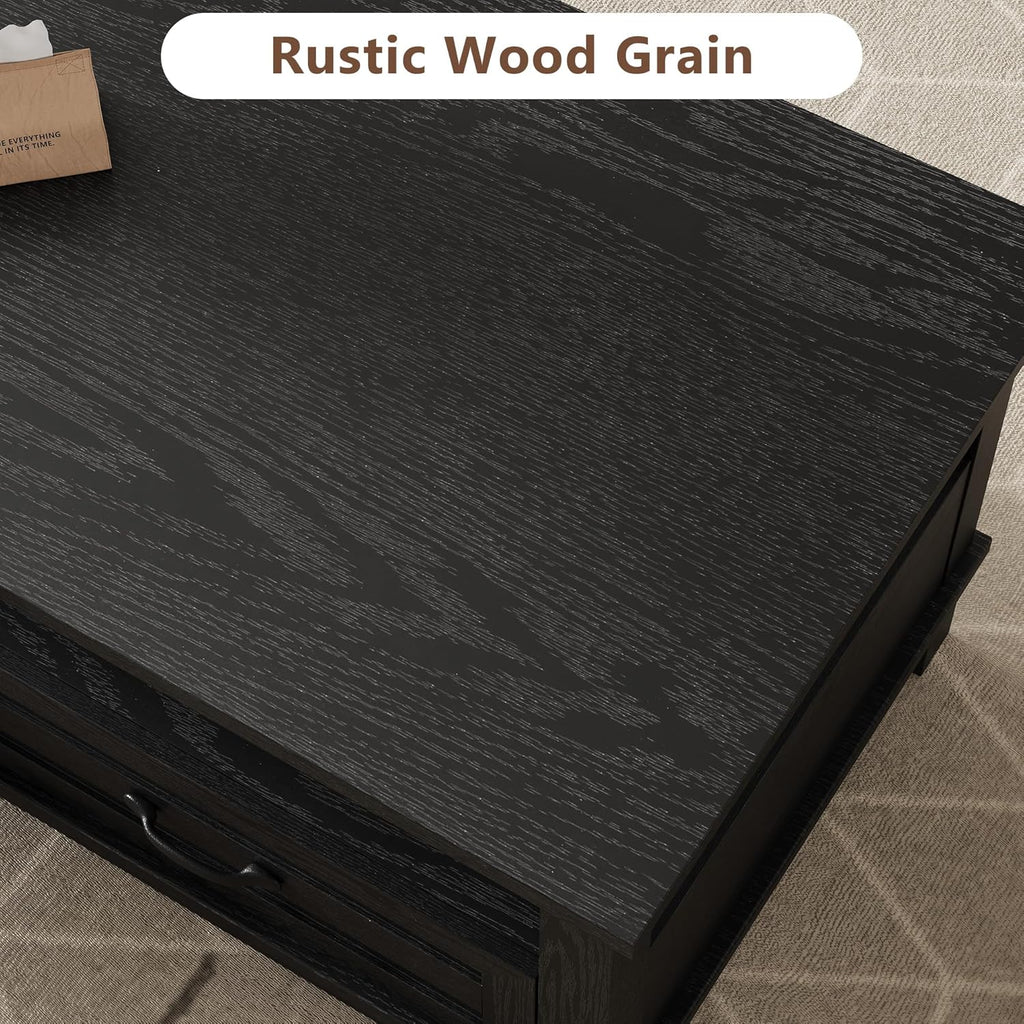Farmhouse Coffee Table with Drawers, 47.2 in Center Table Rustic Coffee Tables Black Living Room Table