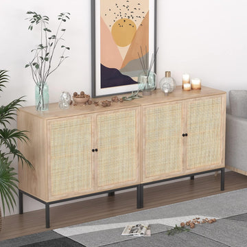Rattan Sideboard Cabinet with 2 Doors, 31.5" Boho Buffet Credenza with Metal Legs, Natural Cane Accent Storage