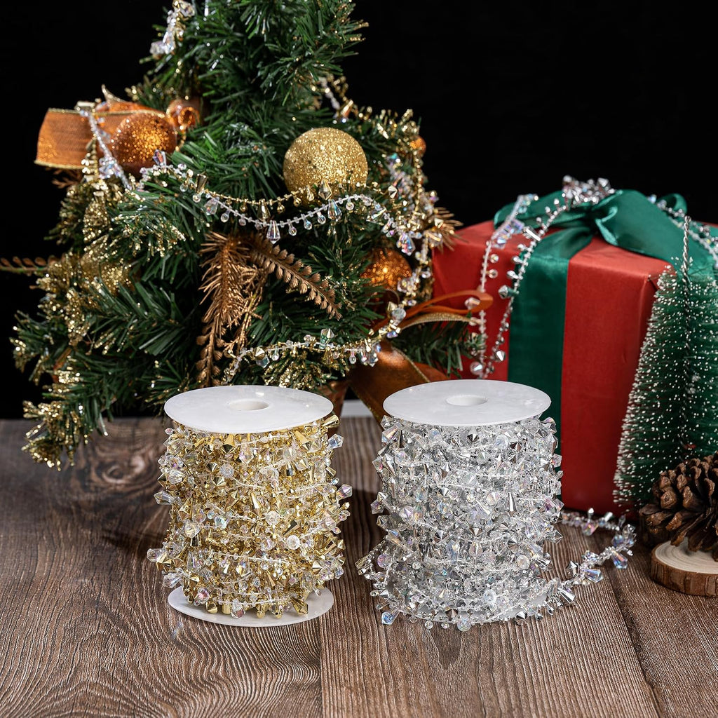 33 Feet Crystal Garland Christmas Clear Iridescent Crystal Bead Rolls and Gold Bead Garland Twist Bead String for