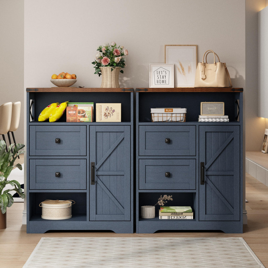 Farmhouse Storage Cabinet with 2 Drawers & Shelves, Blue