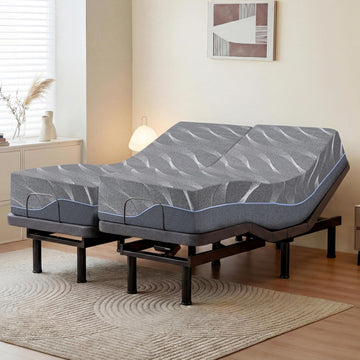 Split King Adjustable Bed Frame with Wireless Remote + 12 Inch Grey Gel Medium Firm Memory Foam Mattress in a Box - Set of 4