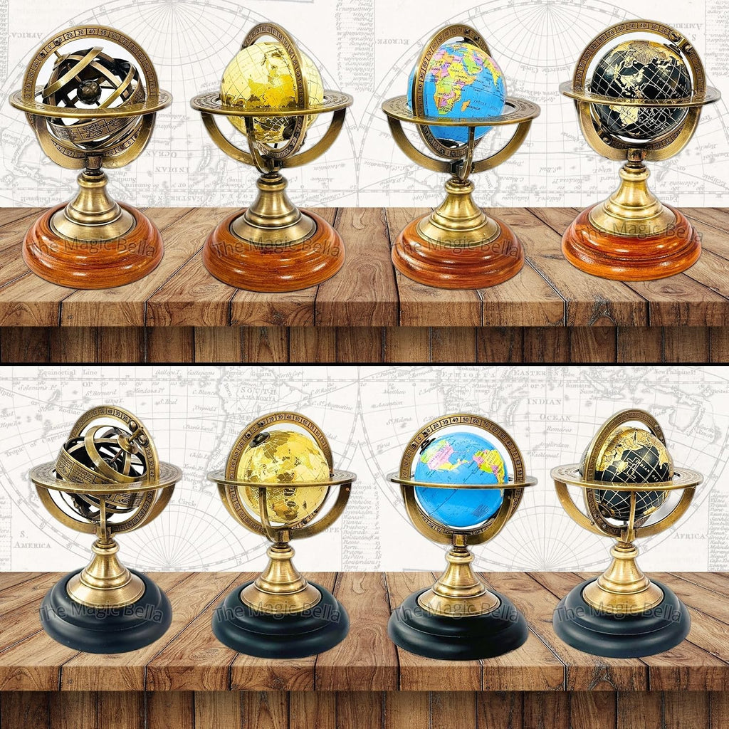 5.10" Nautical Brass Armillary Sphere World Globe with Aqua Blue Map, Brown Wooden Base - Elegant, Durable Decor or