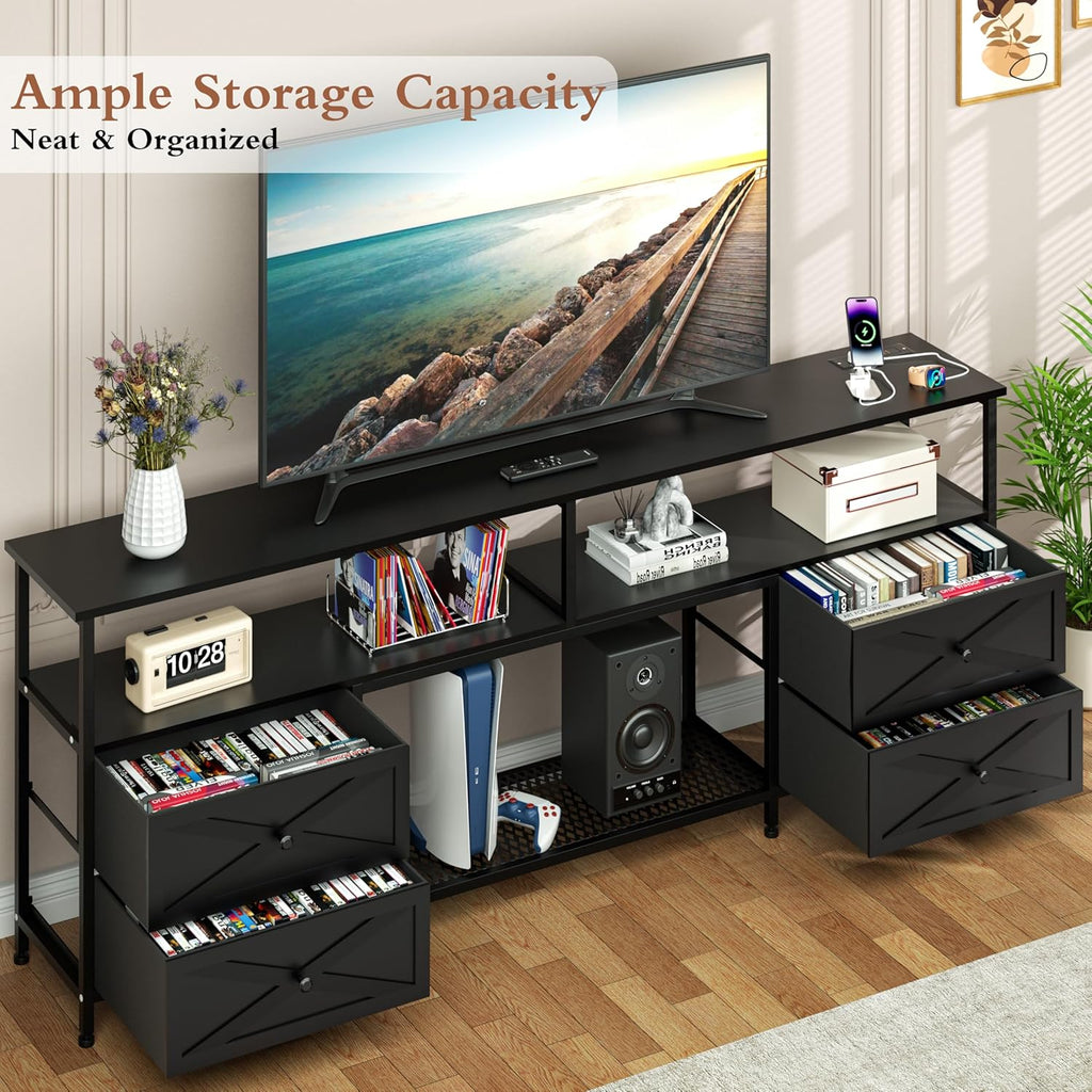 TV Stand with Fabric Drawers for 65 70 75 Inches TV - Entertainment Center with Open Storage Shelf, Power Outlets & LED Lights for Living Room, Bedroom, 63" TV Console Media Console, Black