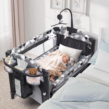 5-in-1 Pack and Play with Changing Table, Baby Bassinet Bedside Sleeper with Storage Bag & Music Box, Portable Baby