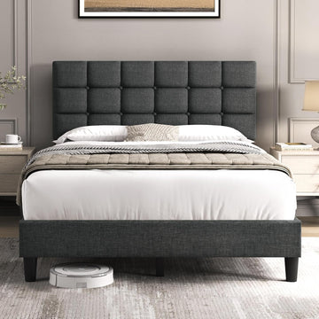 Upholstered Bed Frame, Modern Full Bed Platform with Square Stitched&Button Tufting Headboard Height Adjustable