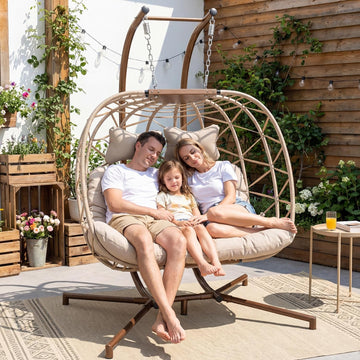 Double Egg Swing Chair with Stand, Oversized 2 Person Seat, Beige | 5" Thick Cushion, 230g Fabric, 680lbs Heavy-Duty