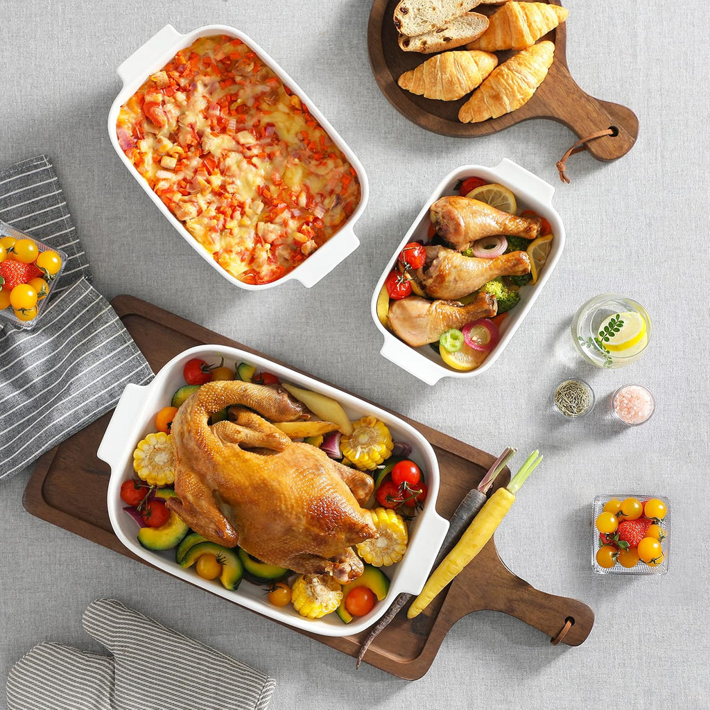Ceramic Casserole Dishes Set of 3,White Dish for Oven,9x13 | Rectangular Deep Lasagna Pans with Handles, Stackable