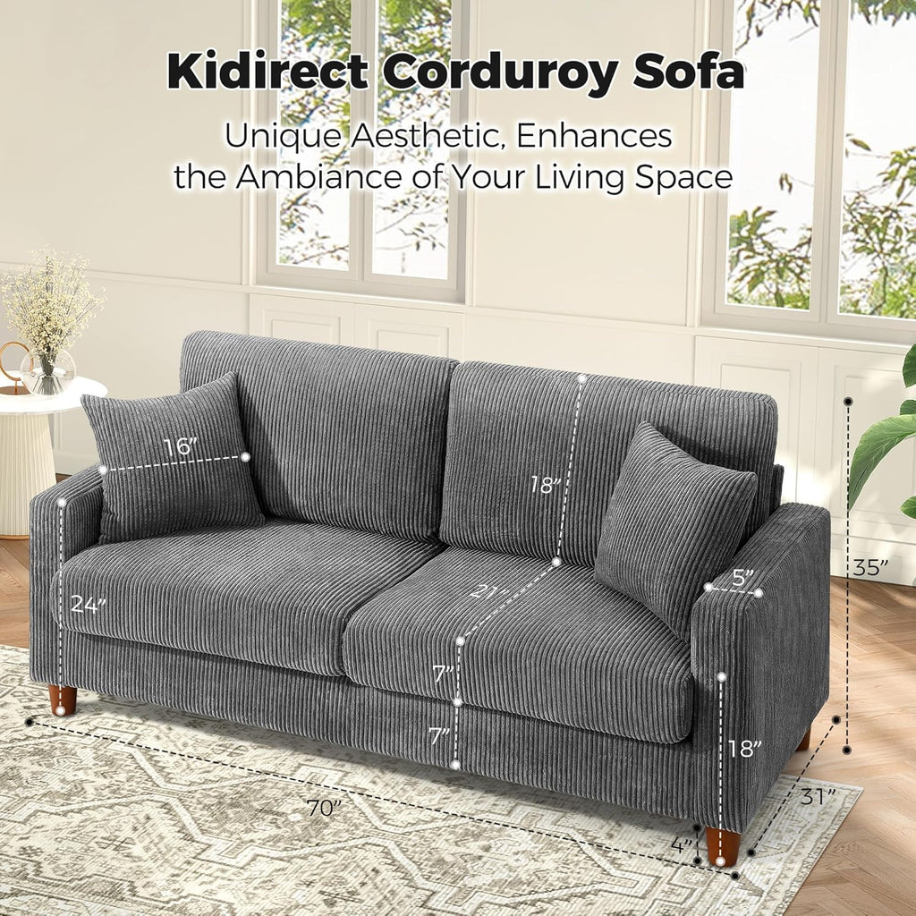 70in Corduroy Couch, Sofa No Tool Assembly, Comfy Couches 21in Deeper Seats, Corduroy Sofas with 2 Pillows, Oversized