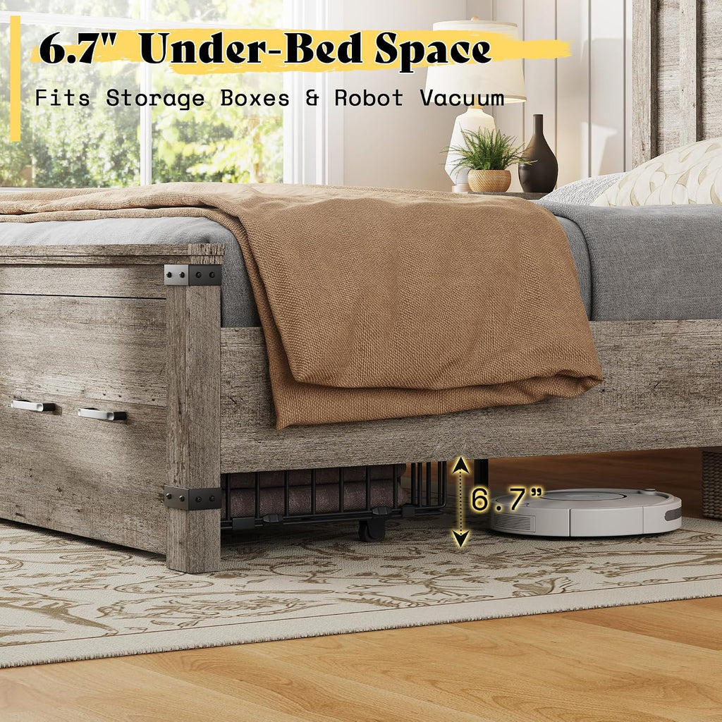 Farmhouse Queen Bed Frame with 54" Tall Geometric Headboard & Footboard, Rustic Wood Platform Bed Frame with Large