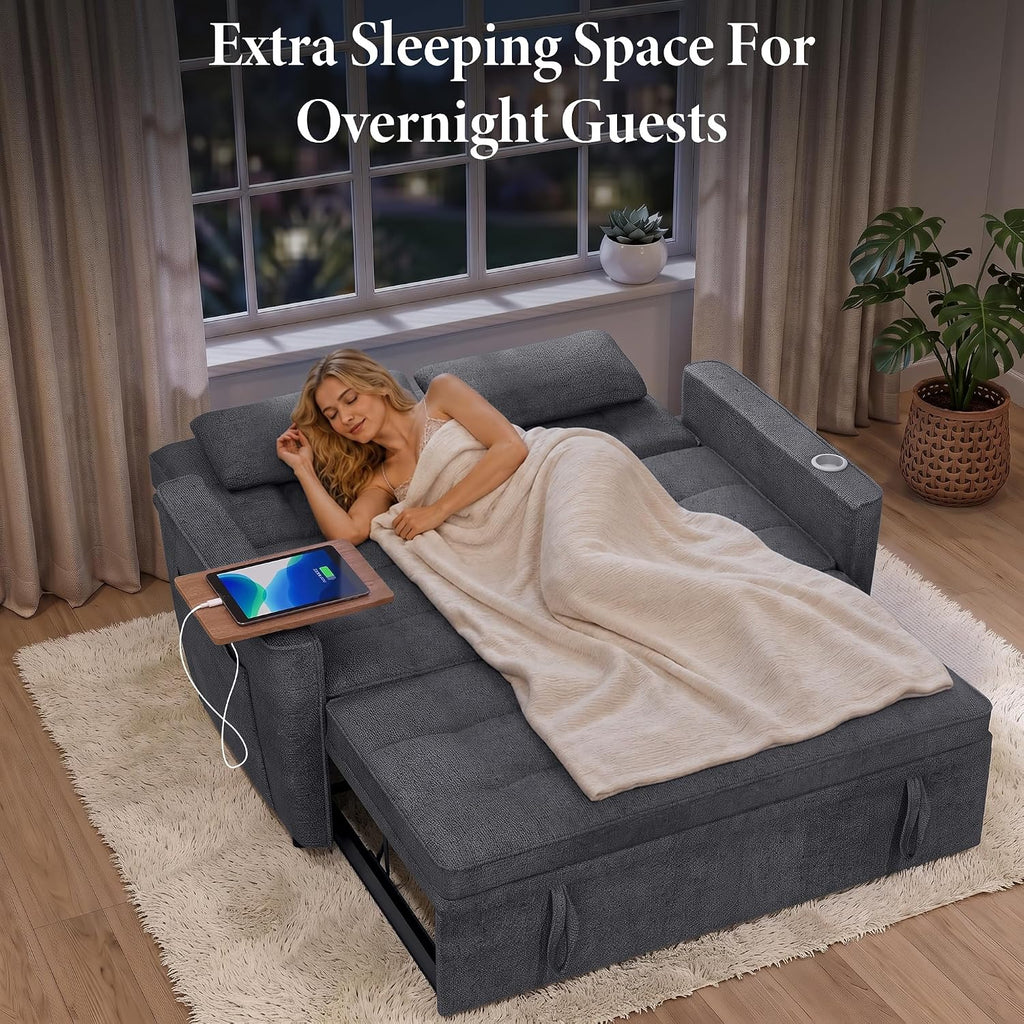 54'' Convertible Sleeper Sofa Bed with Swivel Side Table, Chenille Pull Out Couch , Loveseat Sleeper Couch with Side