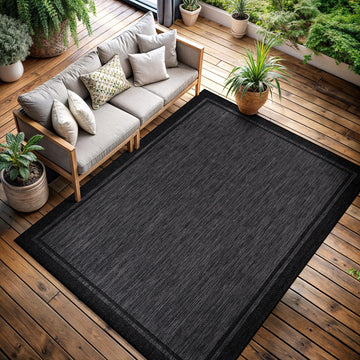 Indoor Outdoor Rug, Bordered Dark Grey Black Modern Large Area Rugs for Indoor and Outdoor Patios, Kitchen and
