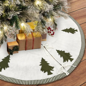72 Inch Christmas Tree Skirt, Double-Sided Green and White Knit Tree Skirt with Xmas Tree Patterns Large Tree Skirt
