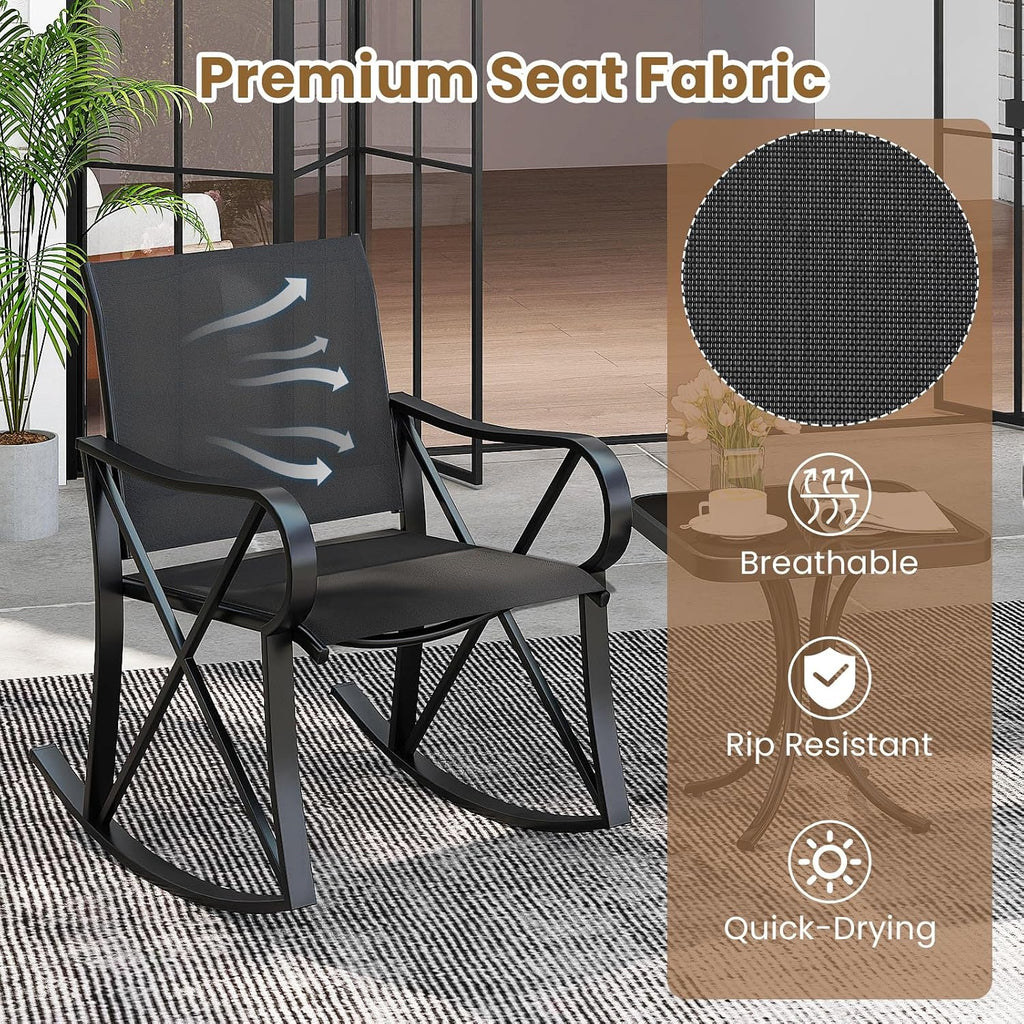 3 Piece Patio Rocking Set, 2 Rocking Chairs with Tempered Glass Side Table, Small Patio Furniture Set with Smooth