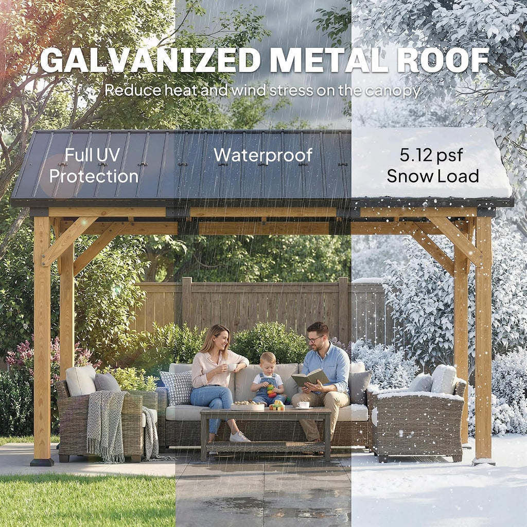 13' x 11' Hardtop Gazebo Canopy with Galvanised Metal Roof, Fir Wood Frame