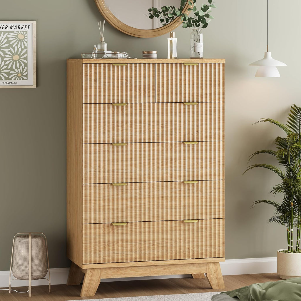 Fluted Dresser with 6 Drawers, 46" Tall Modern Chest of Drawers with Metal Handle, Wooden Dresser TV Stand, Wood