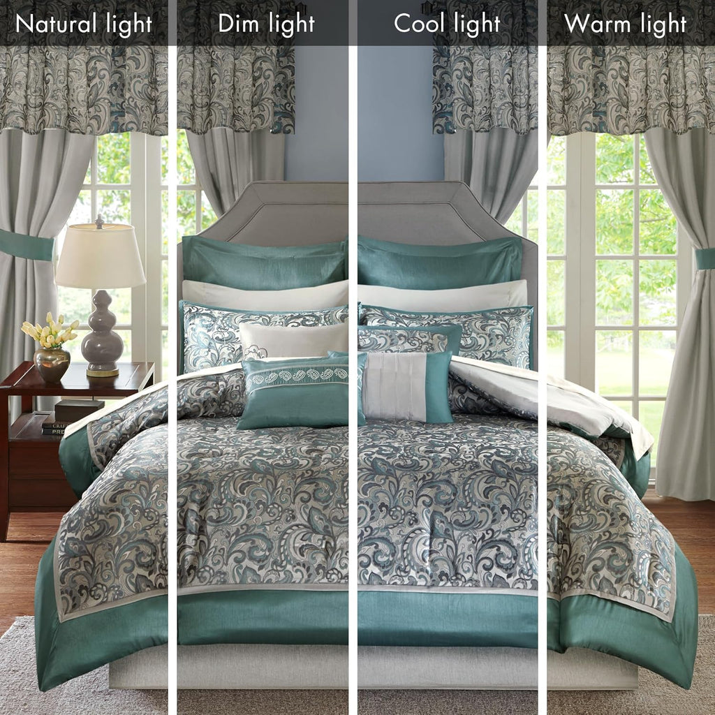 24 Piece Faux Silk Paisley Comforter Set with Matching Curtains, Down Alternative Hypoallergenic