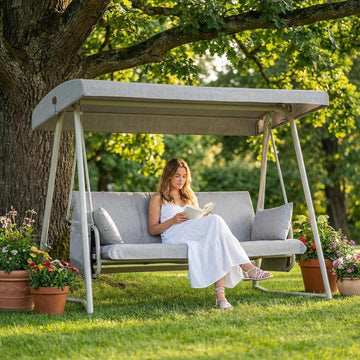 Porch Swing Sofa Bed with Stand and Canopy, Outdoor 3-Seat Bench Swing Heavy Duty, Patio Extra Large Swing Bed with