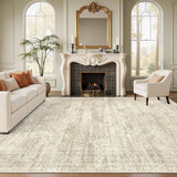 8x10 Washable Area Rug, Vintage Beige Non-Slip Large Rug for Living Room Bedroom Dining Room
