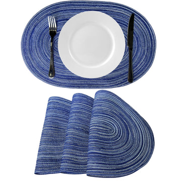 Oval Placemats Set of 4, Woven Braided, 18 x 12 Inch, Blue & White