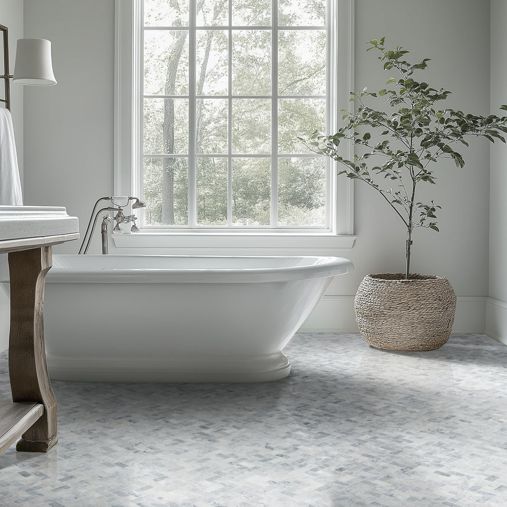 Mesh Mounted Marble Floor & Wall Tile| Capri Blue | 1" x 2"