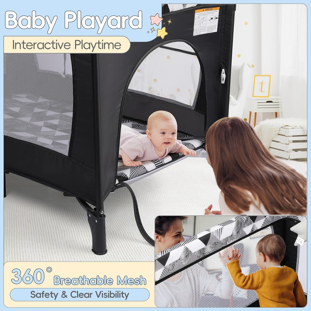 5-in-1 Pack and Play with Changing Table, Baby Bassinet Bedside Sleeper with Storage Bag & Music Box, Portable Baby