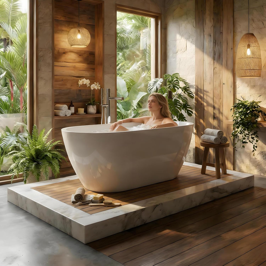 Freestanding Bathtub 59 Inch, Oval Acrylic Stand Alone Tub with Chrome Drain, Modern White Soaking Tub for Bathroom
