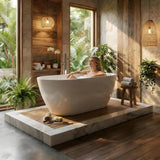 Freestanding Bathtub 59 Inch, Oval Acrylic Stand Alone Tub with Chrome Drain, Modern White Soaking Tub for Bathroom