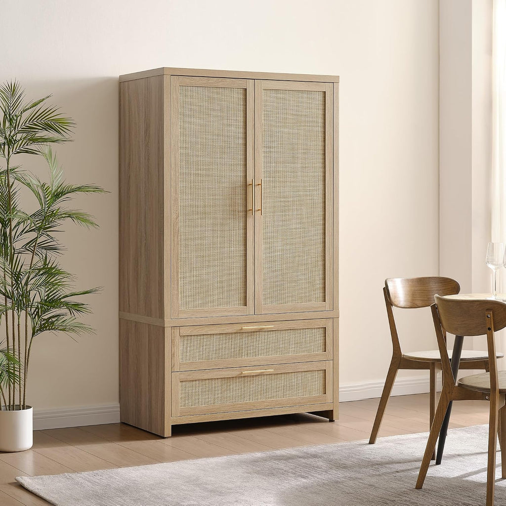 71 inch Rattan Wardrobe Closet : Armoire Wardrobe with Drawers | Farmhouse Boho Storage Cabinet with Hanging Rod