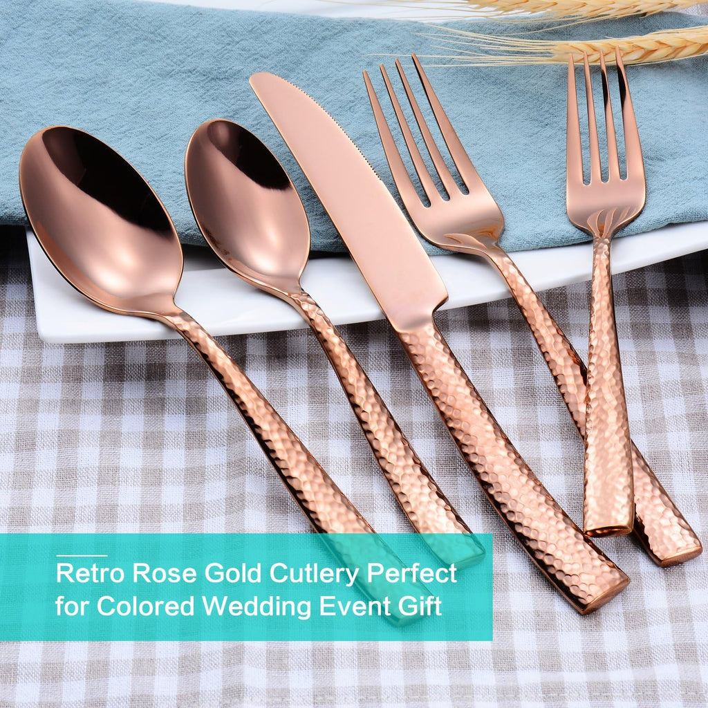 Silverware Rose Gold Hammered Heavy Flatware Set Cutlery Set Stainless Steel Mirror Finished Utensil 20 Pieces Spoons